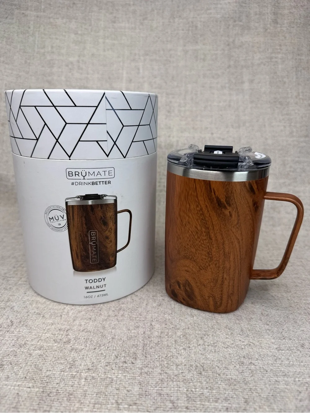 New Brumate Toddy Coffee Mug 16 oz insulated coffee cup leakproof lid wood grain